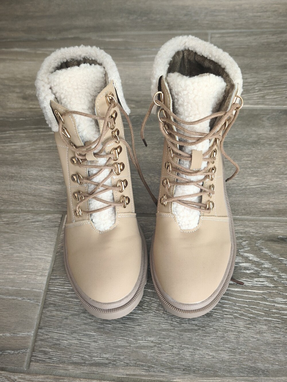 Women's Taupe Sherpa-Lined Lace-Up Combat Boots